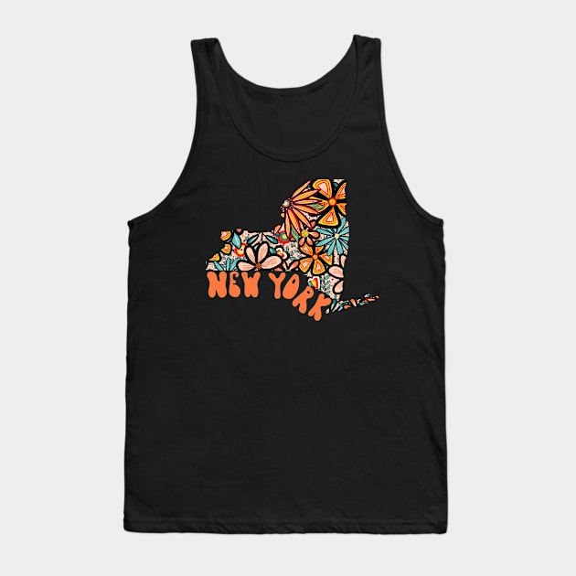 New York State Design | Artist Designed Illustration Featuring New York State Outline Filled With Retro Flowers with Retro Hand-Lettering Tank Top by MarcyBrennanArt